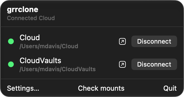 The grrclone menu, listing connected remotes